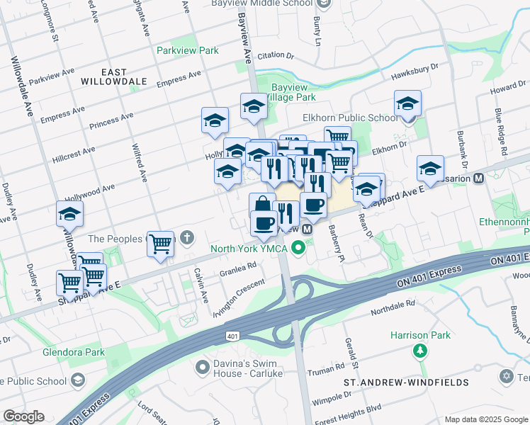 map of restaurants, bars, coffee shops, grocery stores, and more near 8 Mallingham Court in Toronto