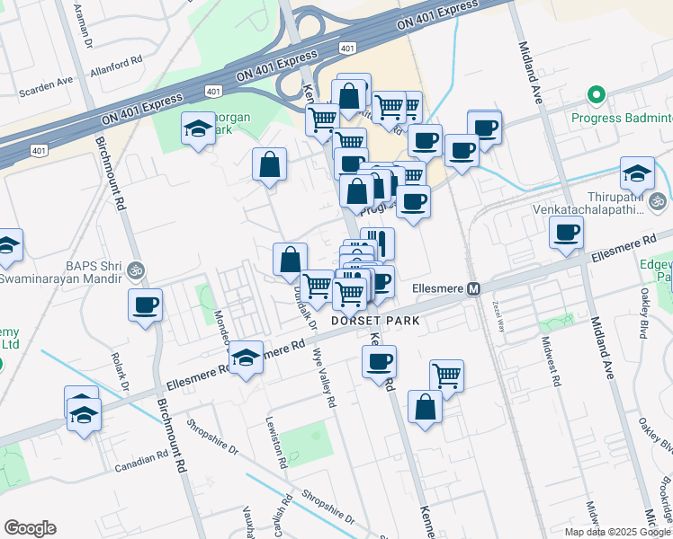 map of restaurants, bars, coffee shops, grocery stores, and more near in Toronto