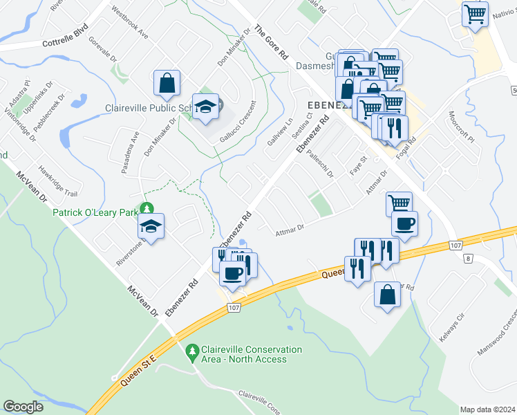 map of restaurants, bars, coffee shops, grocery stores, and more near 6 Attmar Drive in Brampton