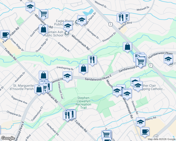 map of restaurants, bars, coffee shops, grocery stores, and more near 44 Trailhead Crescent in Brampton