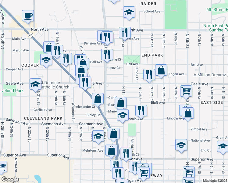 map of restaurants, bars, coffee shops, grocery stores, and more near 1342 Carl Avenue in Sheboygan