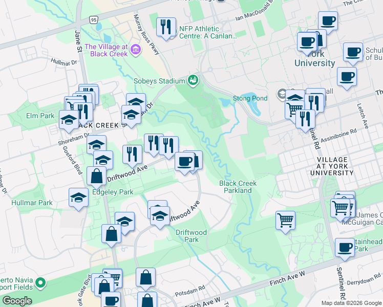 map of restaurants, bars, coffee shops, grocery stores, and more near 345 Driftwood Avenue in Toronto