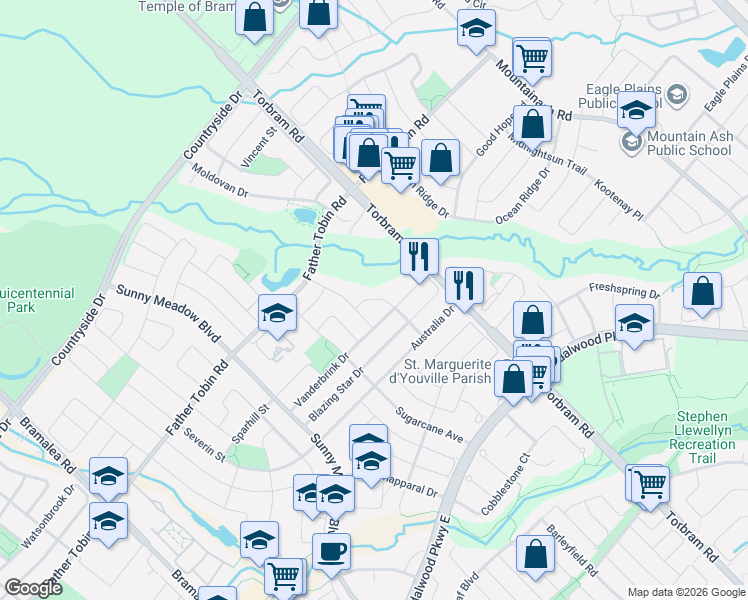 map of restaurants, bars, coffee shops, grocery stores, and more near Tovey Terrace in Brampton