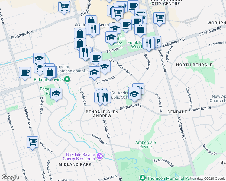 map of restaurants, bars, coffee shops, grocery stores, and more near 27 Doerr Road in Toronto
