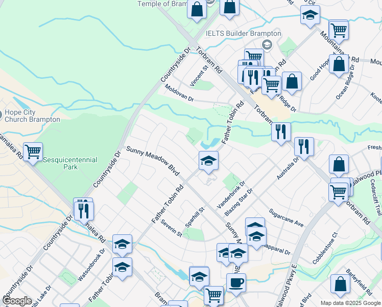 map of restaurants, bars, coffee shops, grocery stores, and more near 9 Pape Drive in Brampton
