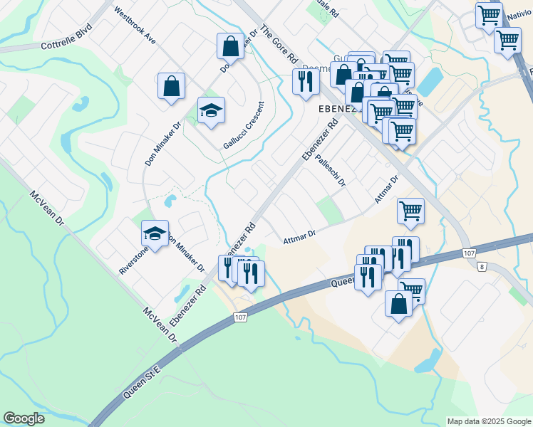 map of restaurants, bars, coffee shops, grocery stores, and more near 6 Attmar Drive in Brampton