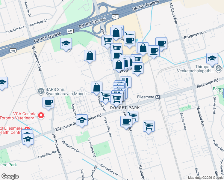 map of restaurants, bars, coffee shops, grocery stores, and more near in Toronto