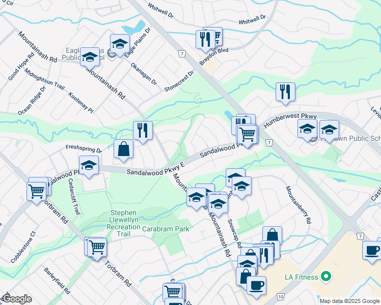 map of restaurants, bars, coffee shops, grocery stores, and more near 22 Wintersnow Court in Brampton