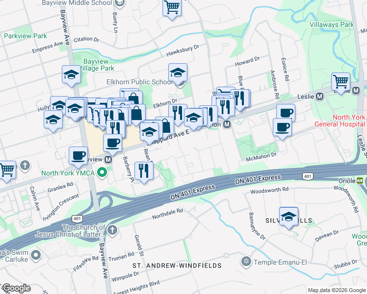map of restaurants, bars, coffee shops, grocery stores, and more near 9 Greenbriar Road in Toronto