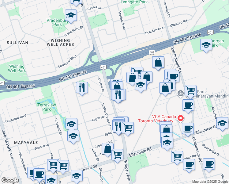map of restaurants, bars, coffee shops, grocery stores, and more near 1645 Warden Avenue in Toronto