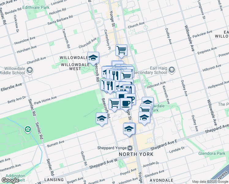map of restaurants, bars, coffee shops, grocery stores, and more near 5100 Yonge Street in Toronto