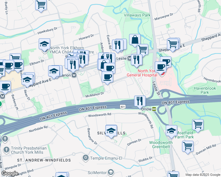 map of restaurants, bars, coffee shops, grocery stores, and more near 121 McMahon Drive in Toronto