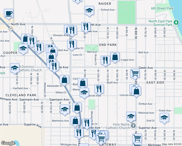 map of restaurants, bars, coffee shops, grocery stores, and more near 1245 Trimberger Court in Sheboygan