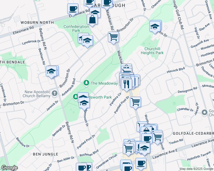 map of restaurants, bars, coffee shops, grocery stores, and more near 173 Sedgemount Drive in Toronto