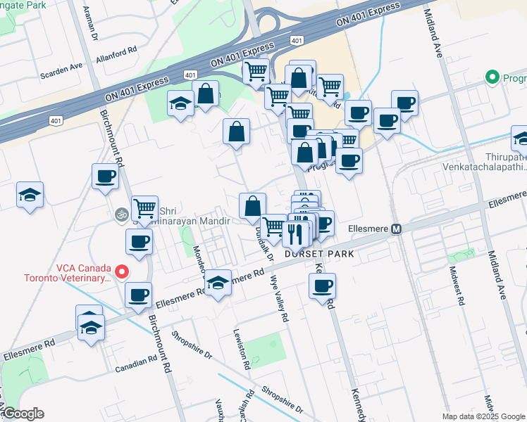 map of restaurants, bars, coffee shops, grocery stores, and more near 7 Glamorgan Avenue in Toronto