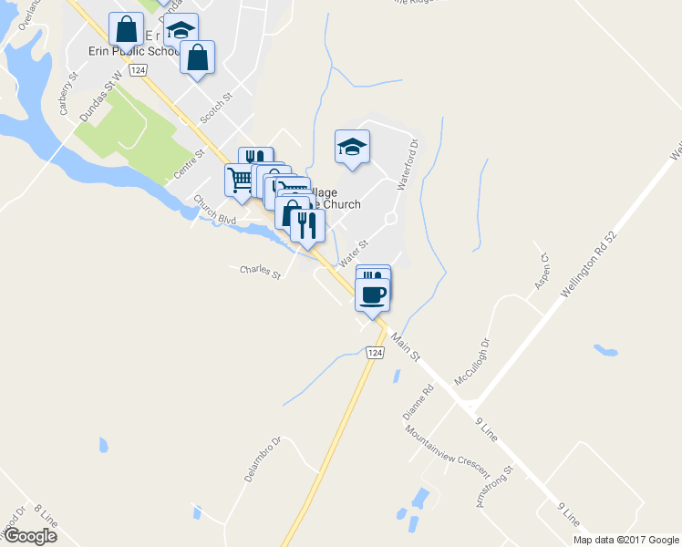 map of restaurants, bars, coffee shops, grocery stores, and more near 29 Main Street in Erin