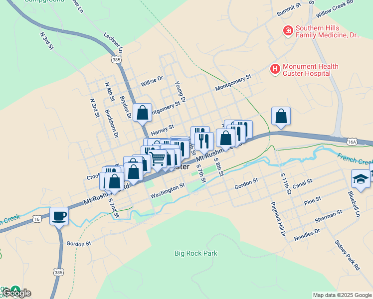 map of restaurants, bars, coffee shops, grocery stores, and more near 644 Crook Street in Custer