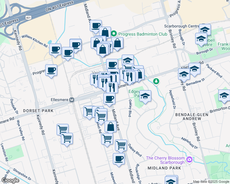 map of restaurants, bars, coffee shops, grocery stores, and more near in Toronto
