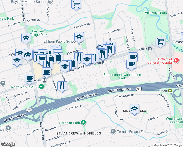 map of restaurants, bars, coffee shops, grocery stores, and more near in Toronto