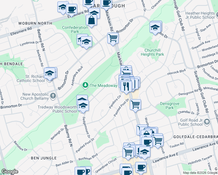 map of restaurants, bars, coffee shops, grocery stores, and more near 177 Sedgemount Drive in Toronto