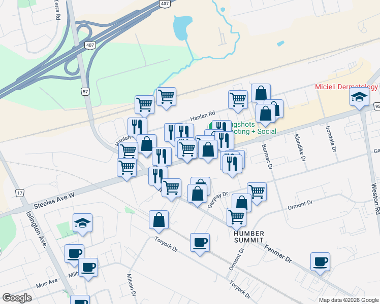 map of restaurants, bars, coffee shops, grocery stores, and more near 4300 Steeles Avenue West in Vaughan