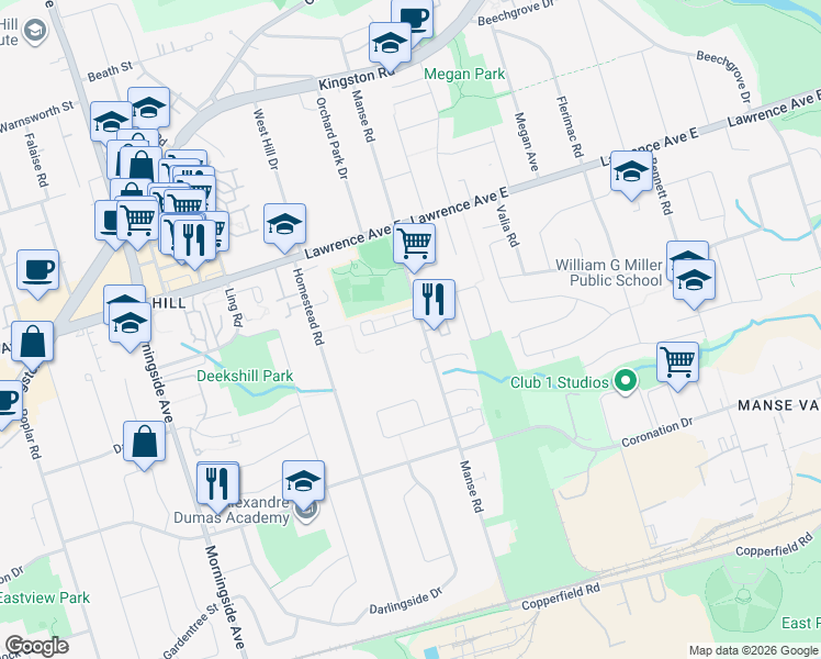 map of restaurants, bars, coffee shops, grocery stores, and more near 10 Heron Park Place in Toronto