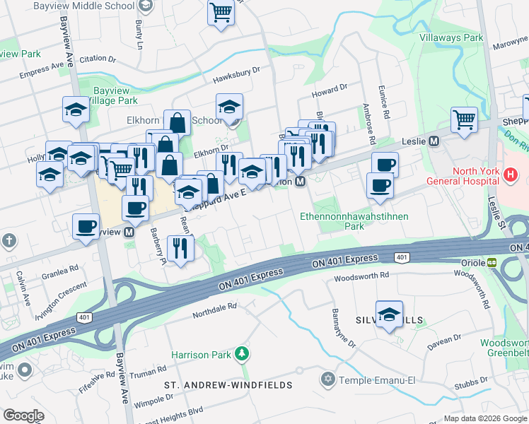 map of restaurants, bars, coffee shops, grocery stores, and more near 44 Caracas Road in Toronto