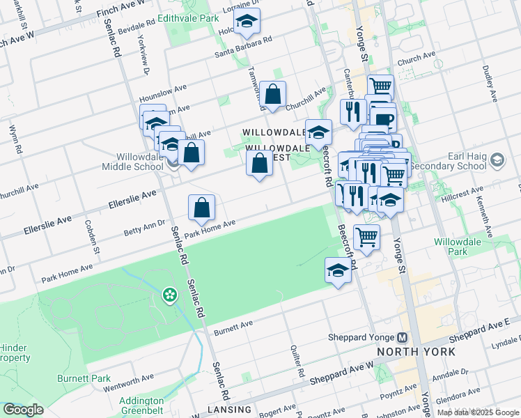 map of restaurants, bars, coffee shops, grocery stores, and more near 108 Park Home Avenue in Toronto