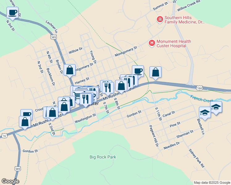 map of restaurants, bars, coffee shops, grocery stores, and more near 34-98 N 8th St in Custer