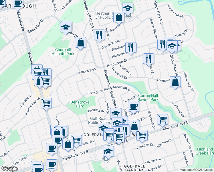 map of restaurants, bars, coffee shops, grocery stores, and more near 806 Scarborough Golf Club Road in Toronto