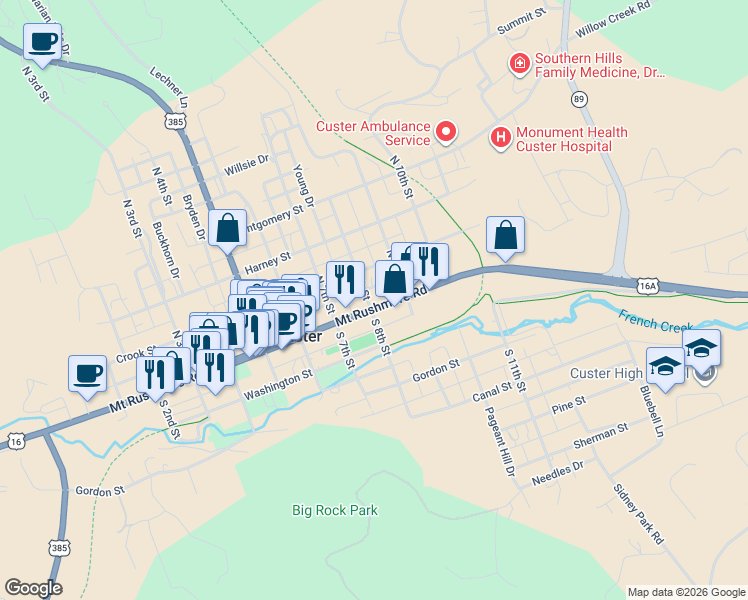 map of restaurants, bars, coffee shops, grocery stores, and more near 34-98 N 8th St in Custer