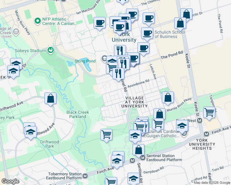 map of restaurants, bars, coffee shops, grocery stores, and more near 320 Assiniboine Road in Toronto