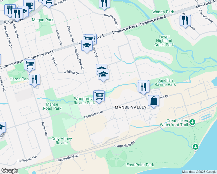 map of restaurants, bars, coffee shops, grocery stores, and more near 37 Bennett Road in Toronto