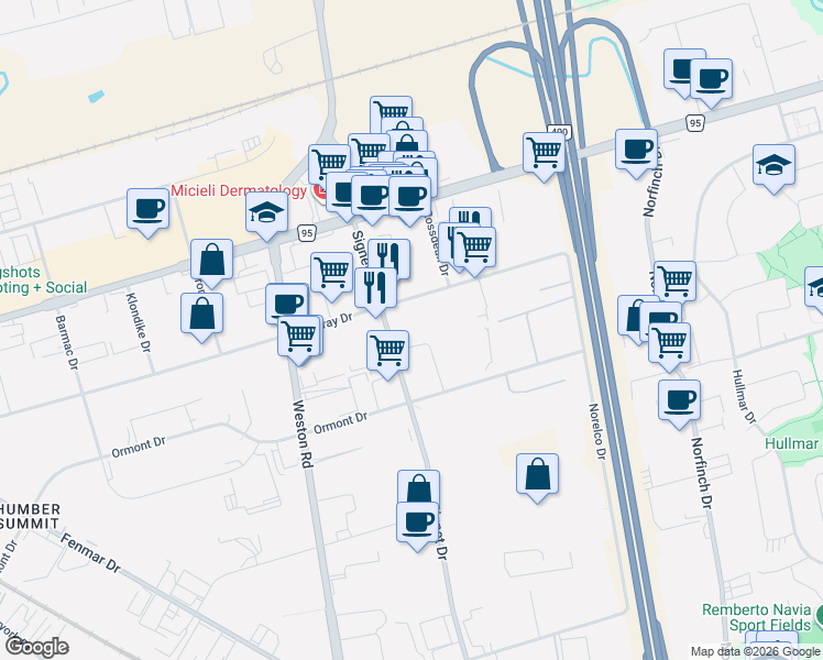 map of restaurants, bars, coffee shops, grocery stores, and more near 389 Signet Drive in Toronto