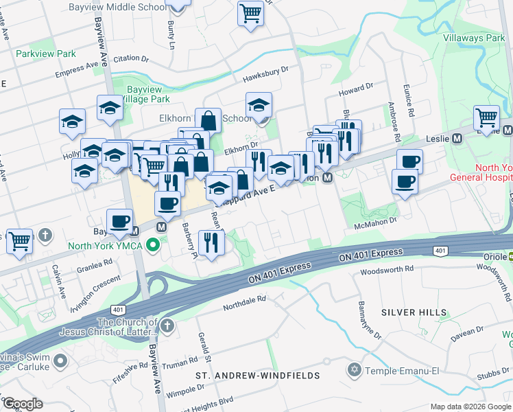 map of restaurants, bars, coffee shops, grocery stores, and more near 6 Greenbriar Road in Toronto