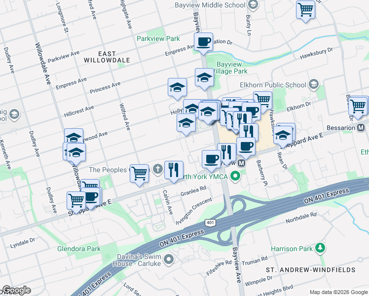 map of restaurants, bars, coffee shops, grocery stores, and more near 30 Clairtrell Road in Toronto