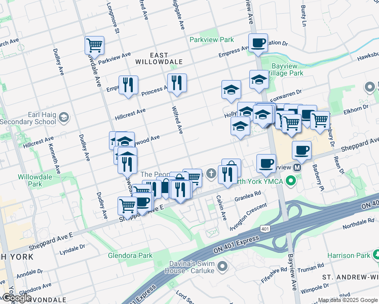 map of restaurants, bars, coffee shops, grocery stores, and more near in Toronto