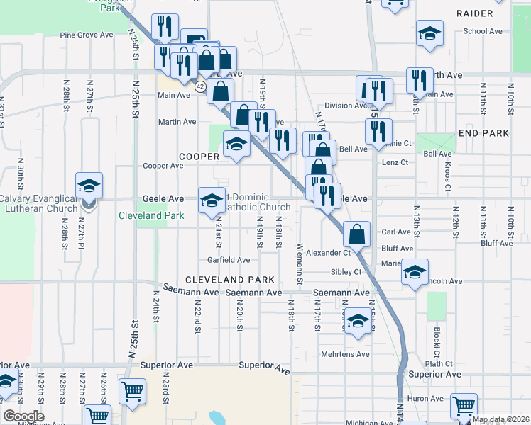 map of restaurants, bars, coffee shops, grocery stores, and more near 2205 Kohls Court in Sheboygan
