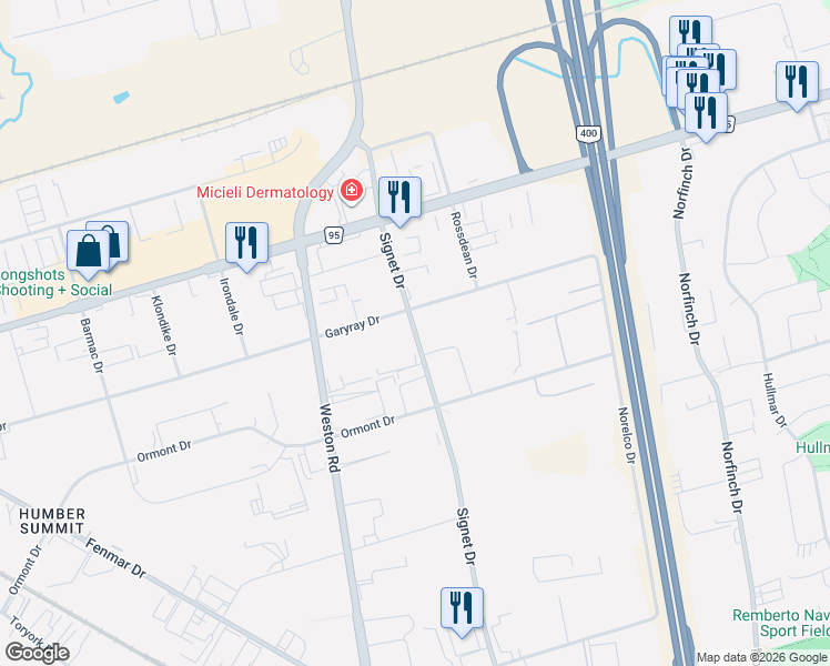 map of restaurants, bars, coffee shops, grocery stores, and more near 393 Signet Drive in Toronto
