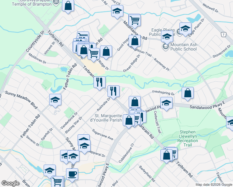 map of restaurants, bars, coffee shops, grocery stores, and more near 23 Brucewood Road in Brampton