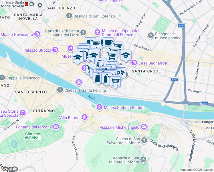 map of restaurants, bars, coffee shops, grocery stores, and more near 20 Via dei Rustici in Firenze