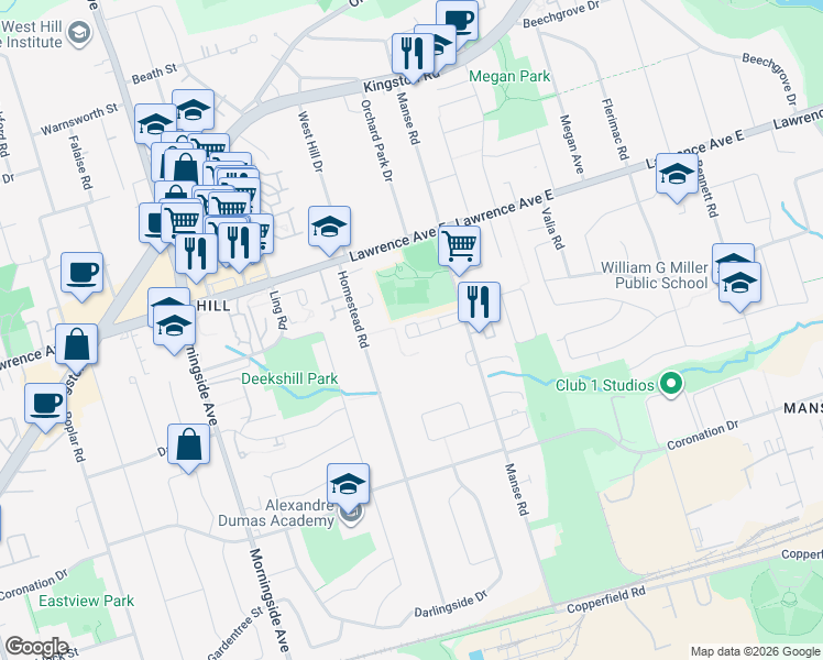 map of restaurants, bars, coffee shops, grocery stores, and more near 91 Heron Park Place in Toronto
