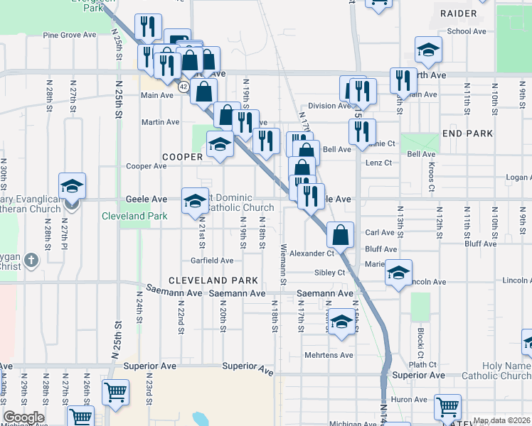 map of restaurants, bars, coffee shops, grocery stores, and more near 2205 Kohls Court in Sheboygan