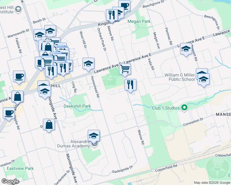 map of restaurants, bars, coffee shops, grocery stores, and more near 45-11 Heron Park Place in Toronto