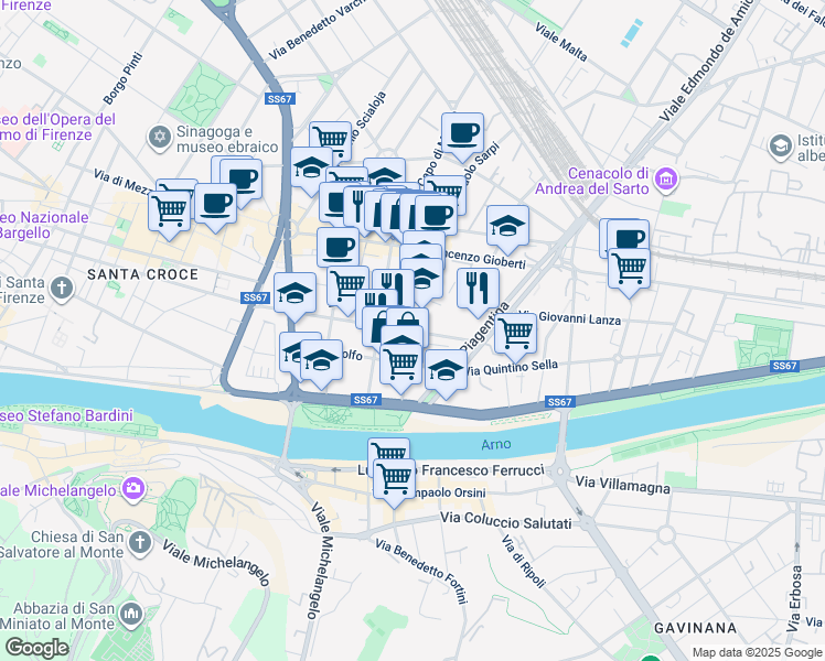 map of restaurants, bars, coffee shops, grocery stores, and more near 5 Via Giotto in Florence