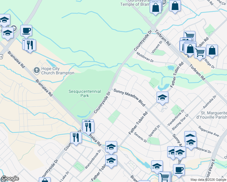 map of restaurants, bars, coffee shops, grocery stores, and more near 454 Sunny Meadow Boulevard in Brampton