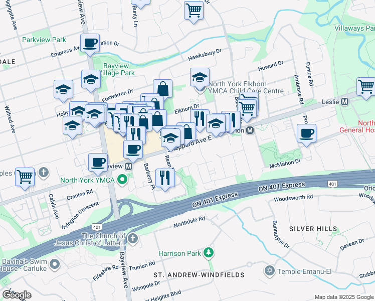 map of restaurants, bars, coffee shops, grocery stores, and more near in Toronto