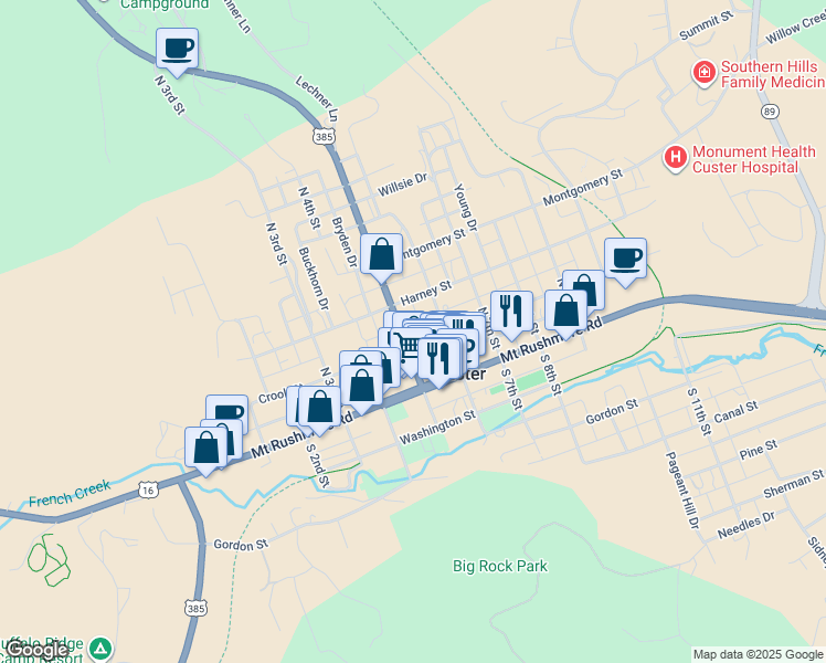 map of restaurants, bars, coffee shops, grocery stores, and more near 500-528 Harney St in Custer