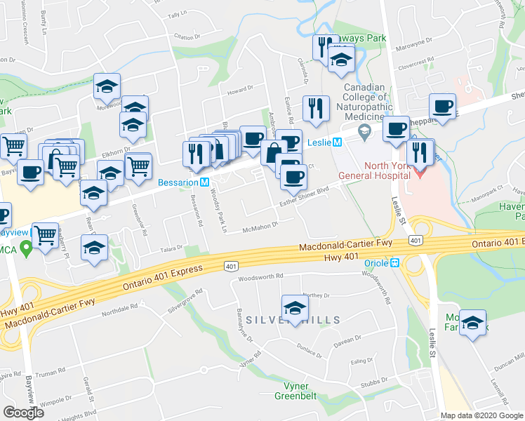 map of restaurants, bars, coffee shops, grocery stores, and more near Esther Shiner Boulevard in Toronto