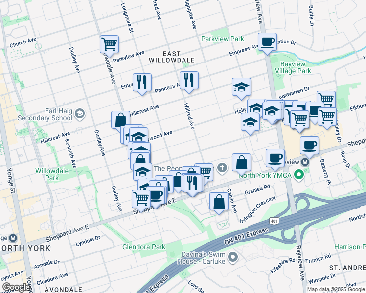 map of restaurants, bars, coffee shops, grocery stores, and more near 199 Alfred Avenue in Toronto